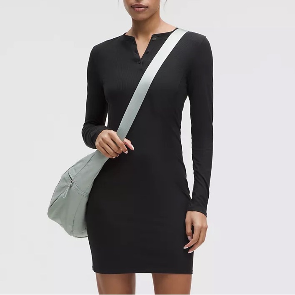 New Lululemon All Aligned Ribbed Long-Sleeve Henley Dress Black